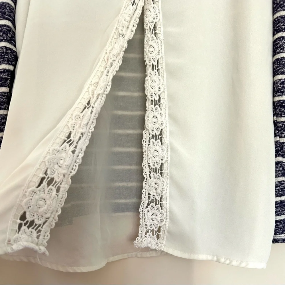 Rewind Women’s Navy & White Striped Lace Accent Crochet Long Sleeve Top